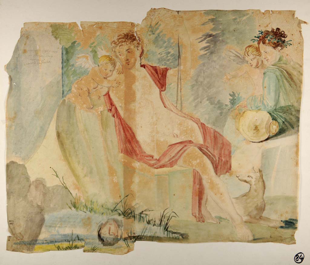 VI.9.6 Pompeii. Painting by Giuseppe Marsigli, 21st July 1828, of painting of Narcissus in centre of west wall of oecus.
This painting was left in situ and is now faded and disappeared. 
Now in Naples Archaeological Museum. Inventory number ADS 337.
Photo © ICCD. http://www.catalogo.beniculturali.it
Utilizzabili alle condizioni della licenza Attribuzione - Non commerciale - Condividi allo stesso modo 2.5 Italia (CC BY-NC-SA 2.5 IT)