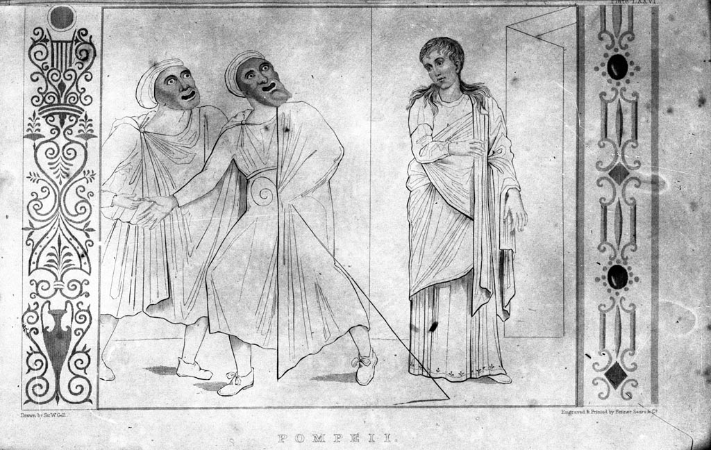 VI.9.6 Pompeii. W.204. Drawing of wall painting from west wall of pseudo-peristyle, comedy scene. 
See Gell, W, 1837. Pompeiana. Vol. 2, London: Lewis A. Lewis.  (p.46, plate 76)  
Photo by Tatiana Warscher. Photo © Deutsches Archäologisches Institut, Abteilung Rom, Arkiv.