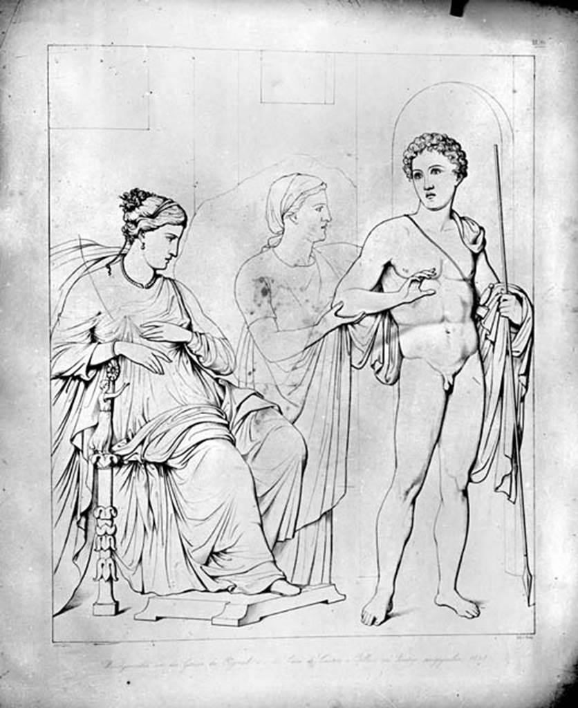 231919 Bestand-D-DAI-ROM-W.203be.jpg
VI.9.6 Pompeii. W.203. Wall painting of Phaedra, Averne & Hippolyte, (from Zahn III Taf. 95), from south wall of pseudo-peristyle near to doorway to room 22.
Photo by Tatiana Warscher. Photo © Deutsches Archäologisches Institut, Abteilung Rom, Arkiv.
Zahn says “They are Hippolyte and Phaedra. Phaedra, through the intervention of her nurse, makes a declaration of love to her stepson Hippolyte, which he rejects. The nurse, of which only the lower half remains, wears a green tunic and a yellow pallium. I tried to restore the upper part of this figure with paler lines”.
See Zahn, W., 1852-59. Die schönsten Ornamente und merkwürdigsten Gemälde aus Pompeji, Herkulanum und Stabiae: III. Berlin: Reimer, Taf. 95.
