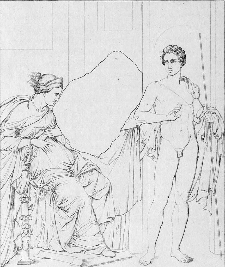 VI.9.6 Pompeii. 1840 drawing of a wall painting from south wall of pseudo-peristyle near to doorway to room 22.
According to Roux and Barre,
this shows the departure of Jason, who, after spending two years at Lemnos with Hypsipyle, queen of the Lemnians, left her pregnant to continue the quest for the Golden Fleece.
The heroic costume and the sceptre befit the chief of the Argonauts; the diadem, the purple and the throne indicate a queen who rules by herself, and not only as the wife or the daughter of a king. Finally, and this is quite decisive, what divinity can represent this statuette which poses on one of the legs of the armchair, or rather on a small colonette decorated with foliage, erected next to the throne, and which has the figure of a man dressed in a long robe and carrying like a sceptre a lotus branch with its blooming flower? This divinity can only be a Bacchus-Osiris. Hypsipyle, as she claims herself, is the granddaughter of Bacchus and Ariadne: it is natural that one finds near her throne the image of her glorious ancestor.
See Roux, H., 1840. Herculanem et Pompei recueil général des Peintures, Bronzes, Mosaïques : Tome 3. Paris : Didot, pl. 100. 
According to PPM this shows Phaedra, Hippolyte and the nurse.
See Carratelli, G. P., 1990-2003. Pompei: Pitture e Mosaici: Vol. IV. Roma: Istituto della enciclopedia italiana, p. 942-3.