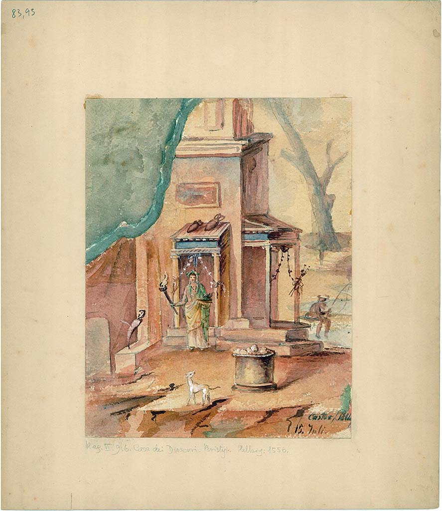 VI.9.6 Pompeii. Room 17, watercolour copy of wall painting of sacred landscape from south wall.
DAIR 83.93. Photo © Deutsches Archäologisches Institut, Abteilung Rom, Arkiv. 
See Helbig, W., 1868. Wandgemälde der vom Vesuv verschütteten Städte Campaniens. Leipzig: Breitkopf und Härtel, 1556