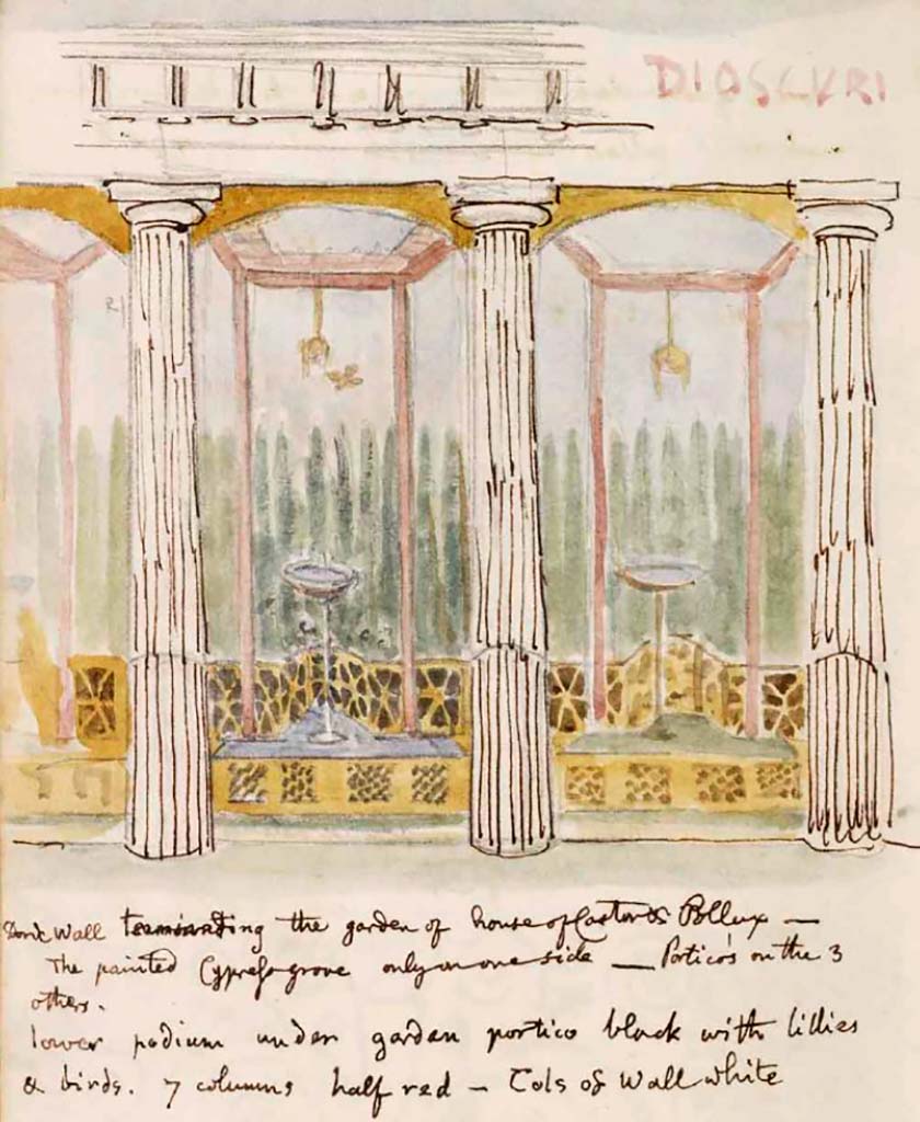 VI.9.6 Pompeii. c.1830. Room 17, east wall of pseudo-peristyle. 
Drawing by Gell with description below –
“Doric wall terminating the garden of House of Castor & Pollux.
The painted Cypress grove only on one side, portico’s on the 3 others.
Lower podium under garden portico black with lilies and birds.
7 columns half-red – columns of wall white.”
The he adds –
Portico of court black at bottom lilies and birds. Dioscuri garden much red – pillars half red, upper white. 7 cols.”