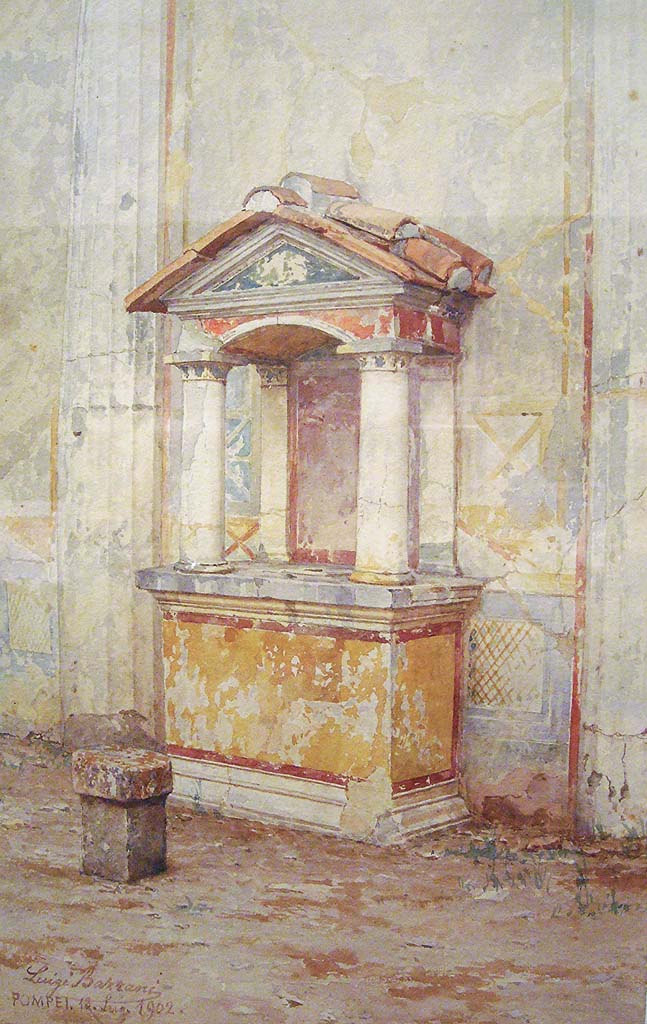 VI.9.6 Pompeii. 18th July 1902. Watercolour by Luigi Bazzani.
Room 17, aedicula lararium against east wall of garden area, showing original painted decoration, now lost.
Now in Naples Archaeological Museum. Inventory number 139417.