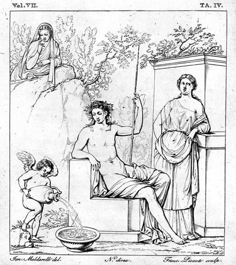 231925 Bestand-D-DAI-ROM-W.218be.jpg
VI.9.6 Pompeii. W.218. Room 20, drawing by Gennaro Maldarelli of wall painting of Narcissus, Aphrodite and Echo, from the south wall.
Photo by Tatiana Warscher. Photo © Deutsches Archäologisches Institut, Abteilung Rom, Arkiv. 
See Helbig, W., 1868. Wandgemälde der vom Vesuv verschütteten Städte Campaniens. Leipzig: Breitkopf und Härtel. (1366)
See Real Museo Borbonico, VII, 1831, Tav 4.
