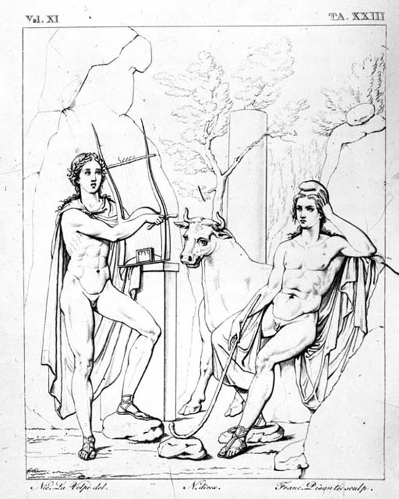 VI.9.6 Pompeii. W.219. Room 20, drawing by N. La Volpe of wall painting from east wall of Apollo and Laomedon or Admetus.
Photo by Tatiana Warscher. Photo © Deutsches Archäologisches Institut, Abteilung Rom, Arkiv. 
See Helbig, W., 1868. Wandgemälde der vom Vesuv verschütteten Städte Campaniens. Leipzig: Breitkopf und Härtel. (220)
See Real Museo Borbonico, XI, taf 23.