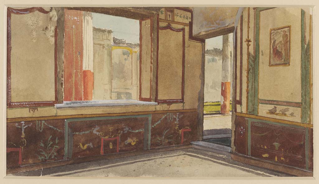 VI.9.6 Pompeii. Undated watercolour by Luigi Bazzani.
Room 21, looking towards east wall with window, and south wall with doorway to Corridor 10.
Photo © Victoria and Albert Museum. Inventory number 2042-1900.