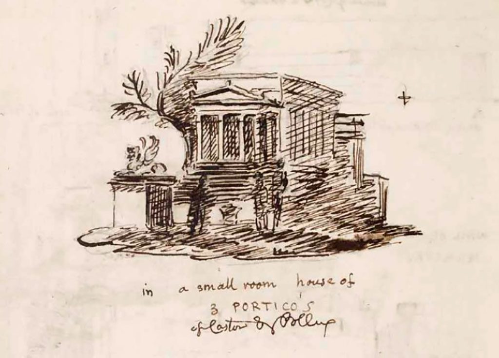VI.9.6 Pompeii. c.1830. Room 21, drawing by Gell of sacred landscape with temple on podium, possibly from west end of south wall.
See Gell, W. Sketchbook of Pompeii, c.1830. 
See book from Van Der Poel Campanian Collection on Getty website http://hdl.handle.net/10020/2002m16b425