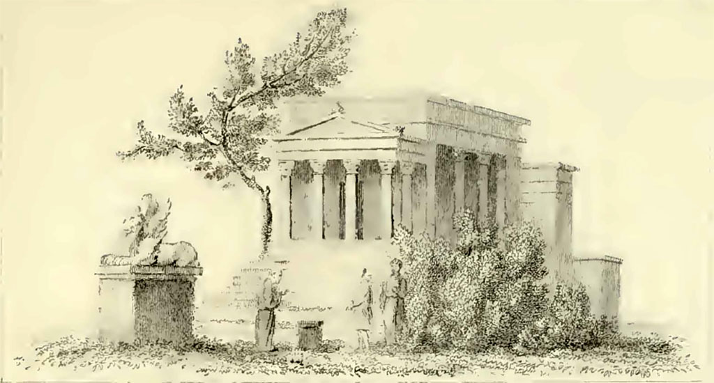 VI.9.6 Pompeii. 1832. Room 21, drawing by Gell of sacred landscape with temple on podium, possibly from west end of south wall.
See Gell, W, 1832.  Pompeiana: Vol 2.  London: Jennings and Chaplin, p. 120, pl. XLIX.
