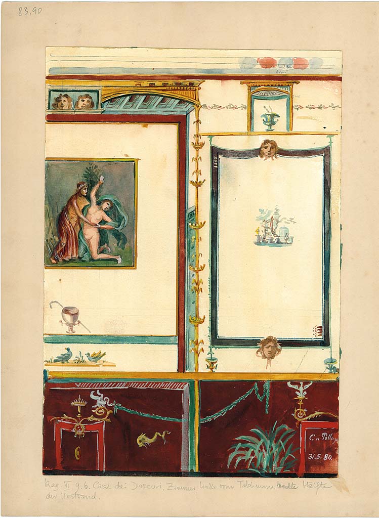 VI.9.6 Pompeii. Room 21, right hand half of west wall showing side panel on north end and central painting of Apollo and Daphne.
DAIR 83.90. Photo © Deutsches Archäologisches Institut, Abteilung Rom, Arkiv.