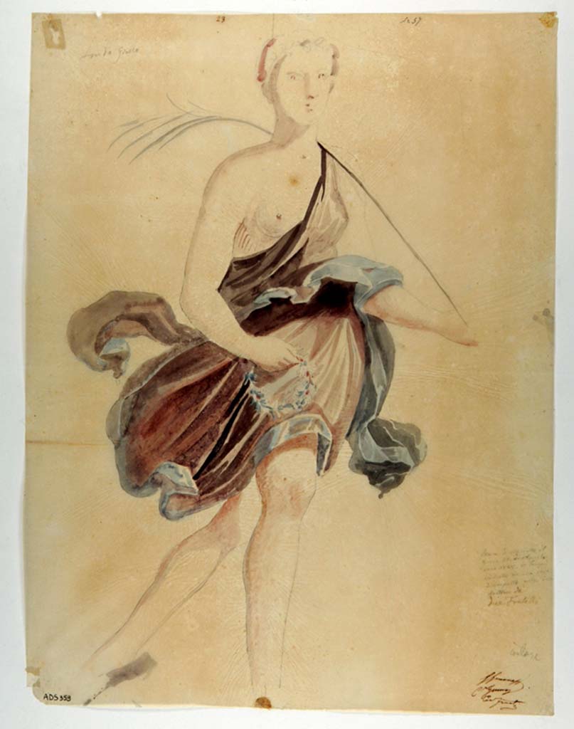 VI.9.6 Pompeii. Room 6. West side of north-west pilaster in peristyle. 
Painting by Giuseppe Marsigli, of female figure with palm leaf and garland found 26th April 1828.
Now in Naples Archaeological Museum. Inventory number ADS 359.
Photo © ICCD. http://www.catalogo.beniculturali.it
Utilizzabili alle condizioni della licenza Attribuzione - Non commerciale - Condividi allo stesso modo 2.5 Italia (CC BY-NC-SA 2.5 IT)