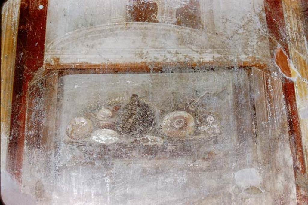 VI.9.6 Pompeii. 1959. Room 6, painting of basket of fruit, from west wall of peristyle, in north-west corner.  Photo by Stanley A. Jashemski.
Source: The Wilhelmina and Stanley A. Jashemski archive in the University of Maryland Library, Special Collections (See collection page) and made available under the Creative Commons Attribution-Non Commercial License v.4. See Licence and use details.
J59f0376