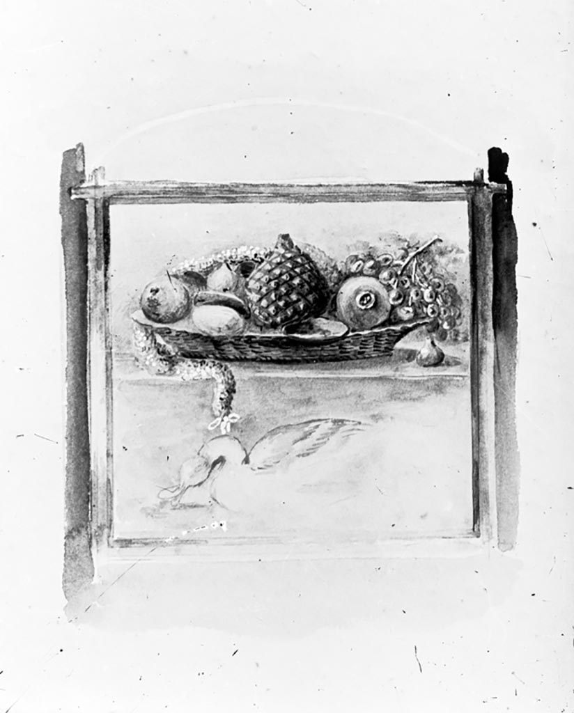 VI.9.6 Pompeii. W.222. 
Drawing of a painting of a basket of fruit, from west wall of peristyle 6 in the north-west corner.
Photo by Tatiana Warscher. Photo © Deutsches Archäologisches Institut, Abteilung Rom, Arkiv.