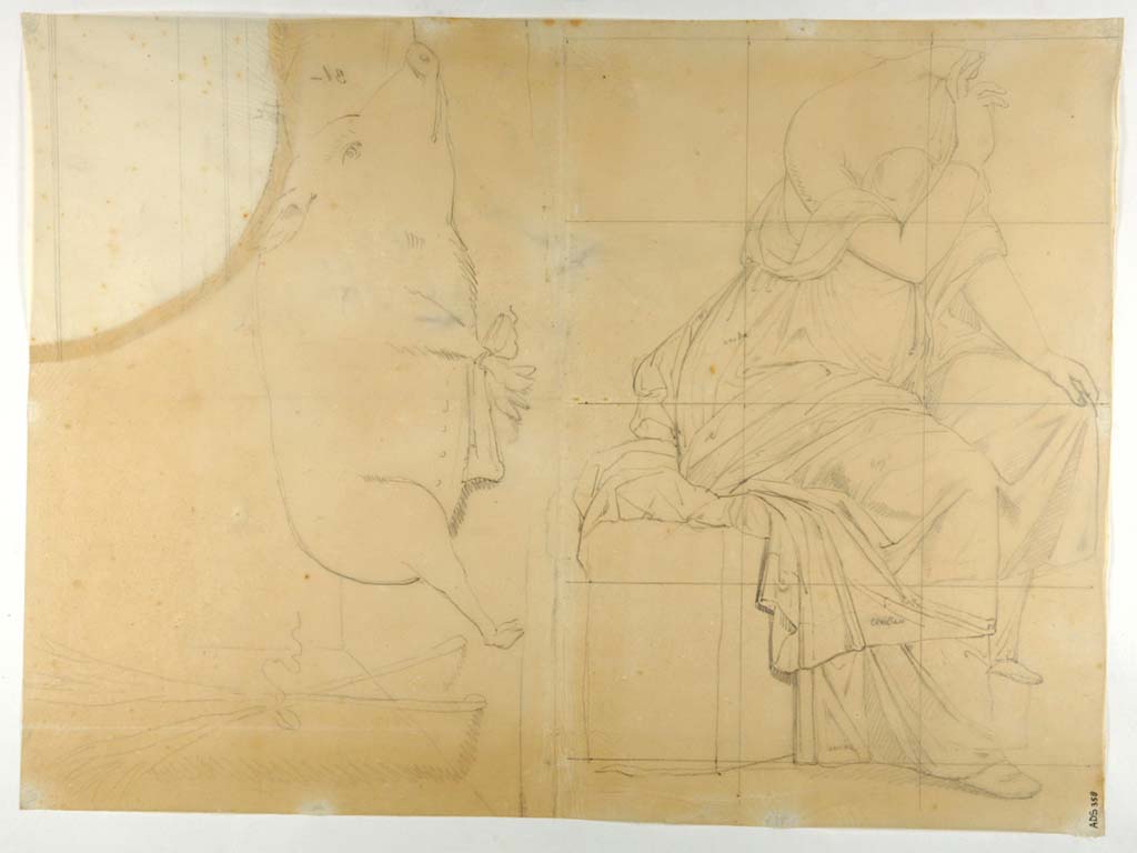 VI.9.6 Pompeii. Drawing of sitting girl (found without her head), preliminary drawing for the above painting.
On the left is a drawing of a pig with tied feet (Helbig 1612 also from the peristyle, see photo above by Warscher of pig with two brooms).
Now in Naples Archaeological Museum. Inventory number ADS 358.
Photo © ICCD. http://www.catalogo.beniculturali.it
Utilizzabili alle condizioni della licenza Attribuzione - Non commerciale - Condividi allo stesso modo 2.5 Italia (CC BY-NC-SA 2.5 IT)