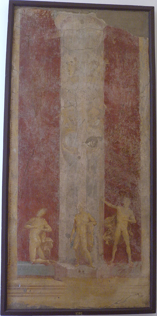 VI.9.6 Pompeii. Found on 18th June 1828 in room 6, the peristyle. 
Wall painting of slaughter of sons of Niobe.
On the interior piers (east facing) at the western end of the peristyle were a painted pair of gold coloured candelabra shaped as Delphic tripods. 
Encircling their tiered shafts were figures enacting the slaughter of the Niobids: the female victims on one side, the young men on the other.
Now in Naples Archaeological Museum. Inventory number 9302.
See Helbig, W., 1868. Wandgemälde der vom Vesuv verschütteten Städte Campaniens. Leipzig: Breitkopf und Härtel. (1154).