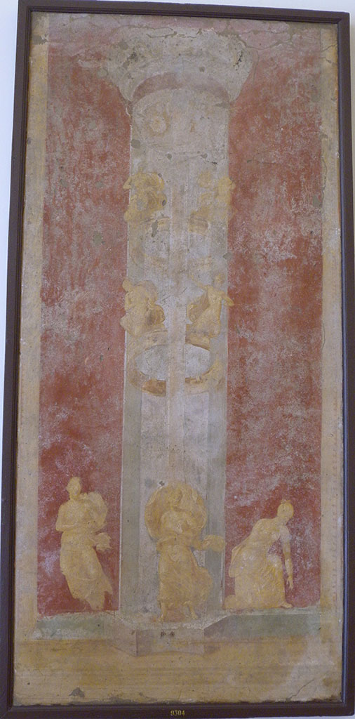 VI.9.6 Pompeii. Found on 18th June 1828 in room 6, the peristyle. 
Wall painting of slaughter of the daughters of Niobe.
On the interior piers (east facing) at the western end of the peristyle were a painted pair of gold coloured candelabra shaped as Delphic tripods. Encircling their tiered shafts were figures enacting the slaughter of the Niobids: the female victims on one side, the young men on the other.
Now in Naples Archaeological Museum. Inventory number 9304.
See Helbig, W., 1868. Wandgemälde der vom Vesuv verschütteten Städte Campaniens. Leipzig: Breitkopf und Härtel. (1154).