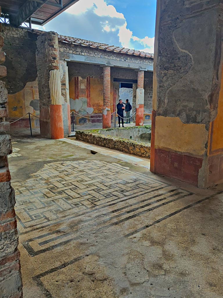 VI.9.6 Pompeii. November 2023. 
Room 6, looking across east portico towards doorway to atrium of VI.9.7 in south wall.
Photo courtesy of Giuseppe Ciaramella.