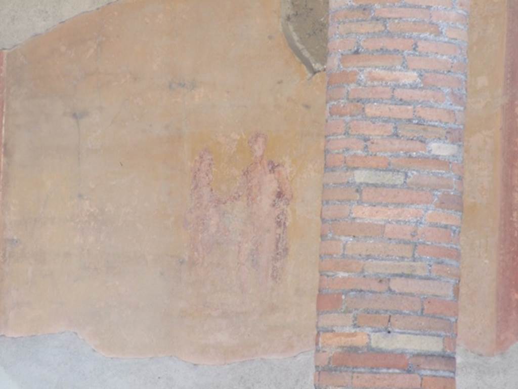 VI.9.6 Pompeii. March 2009. Room 6, wall painting of a youth with a red cloak holding a spear in his left hand and a horse with his right hand. 
From east end of south wall of peristyle. See Helbig, W., 1868. Wandgemälde der vom Vesuv verschütteten Städte Campaniens. Leipzig: Breitkopf und Härtel. (1841: p.431).