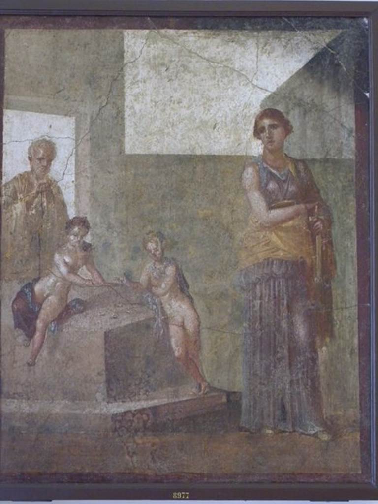 VI.9.6 Pompeii. Found 18th June 1828 in room 6, east end of peristyle, with two pilasters.  Wall painting of Medea contemplating killing her children who are playing nearby. Two large panel paintings, Perseus rescuing Andromeda and Medea with her children, occupied the end pilasters directly opposite room 22. Now in Naples Archaeological Museum. Inventory number 8977.
See Helbig, W., 1868. Wandgemälde der vom Vesuv verschütteten Städte Campaniens. Leipzig: Breitkopf und Härtel. (1262).