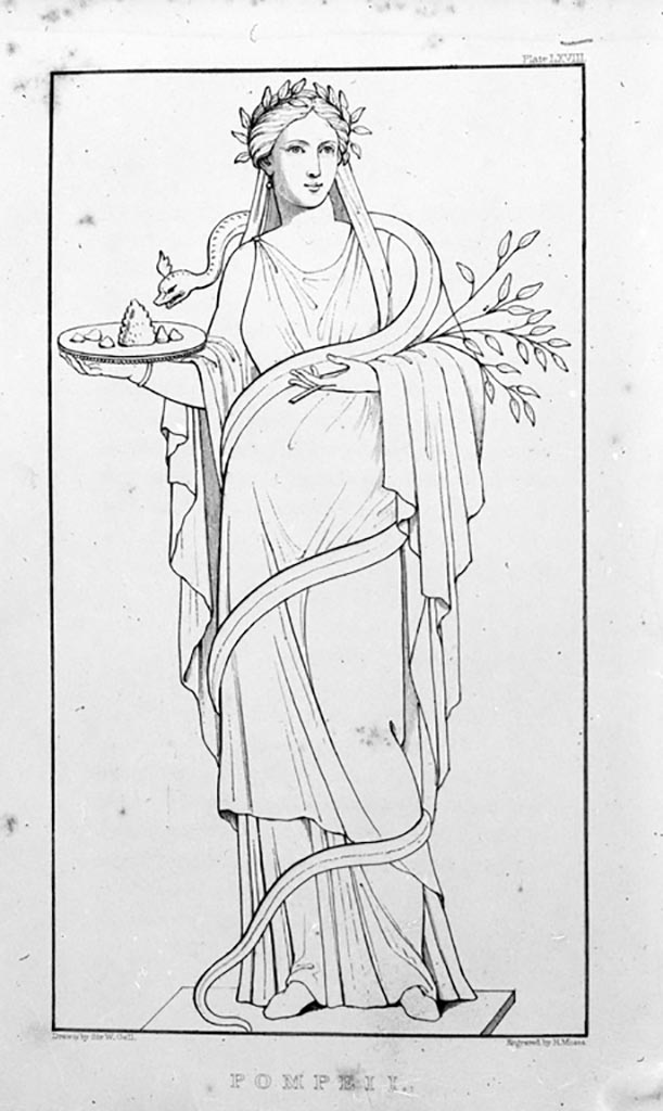 VI.9.6 Pompeii. W.224. 
Room 6, drawing of wall painting of Priestess with serpent, or also thought to be Hygeia.
This was found on the north side of the pilaster in the north-east corner of the peristyle.
See Dobbins, J. J. and Foss, P. W., 2008. The World of Pompeii. Oxford: Routledge. (p.533)
See Helbig, W., 1868. Wandgemälde der vom Vesuv verschütteten Städte Campaniens. Leipzig: Breitkopf und Härtel. (1819)
See Gell, W, 1832. Pompeiana: Vol 2. London: Jennings and Chaplin. (p.147, taf 68)  
Photo by Tatiana Warscher. Photo © Deutsches Archäologisches Institut, Abteilung Rom, Arkiv.