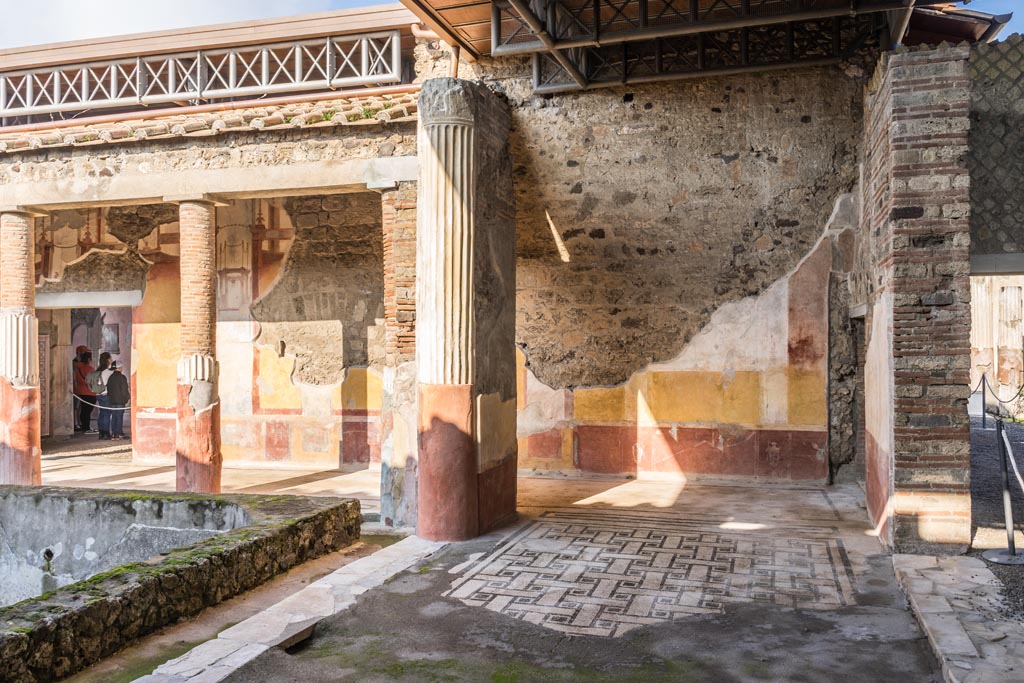 VI.9.6 Pompeii. January 2023. 
Room 6, looking north along east portico to north-east corner of peristyle. Photo courtesy of Johannes Eber.