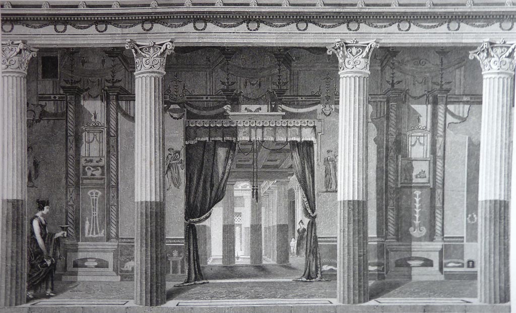 VI.9.6 Pompeii. Pre 1836. Room 6, drawing by Gell showing north wall of peristyle and doorway to atrium.
Gell wrote –
“This Plate exhibits one of the most splendidly decorated walls of the house of the Dioscuri. 
The curtain is added because there is no trace of a door in the opening between the two courts, and the ceiling of the atrium is restored, since there can be no doubt on the subject, for the better comprehending of the original effect. 
The pillars in front are even now covered with a paltry roof, which has been somewhat improved in this Plate in the style of the period when Pompeii was destroyed.”
See Gell, W and Gandy, J., 1880. Pompeii, its destruction and re-discovery. New York: Worthington.
