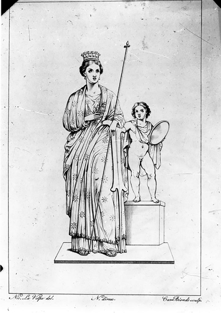 VI.9.6 Pompeii. W.233. 
Room 6, drawing by N. La Volpe of wall painting of Venus Pompeiana from north wall of peristyle.
This would have been seen on the east side of the doorway from peristyle into the atrium.
Photo by Tatiana Warscher. Photo © Deutsches Archäologisches Institut, Abteilung Rom, Arkiv.