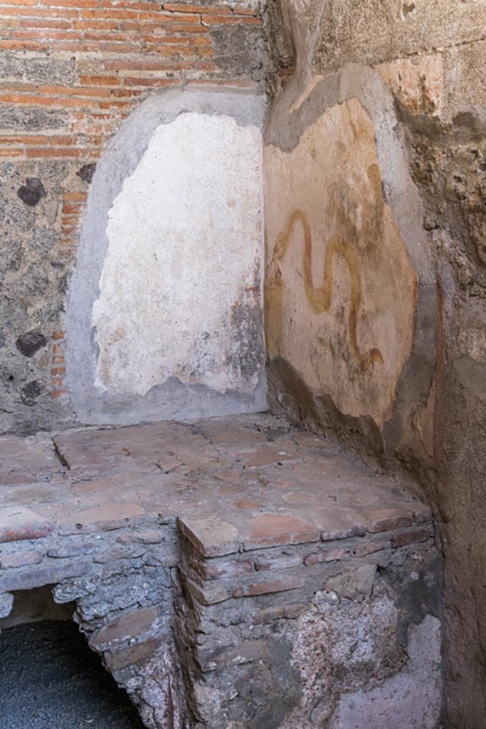 VI.9.7 Pompeii. January 2023. 
Room 4, painted lararium in north-west corner of kitchen. Photo courtesy of Johannes Eber.