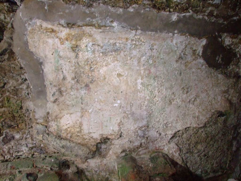 VI.9.10 Pompeii.  March 2009.  Kitchen.  North wall.  Remains of painted Lararium.  Giacobello mentions a Lararium painting identified by Boyce (1937, p.50, n. 175) but with no description or picture.  It was on the north wall of the subterranean kitchen above a small rectangular altar.  Neither has a picture.  Fröhlich does not mention it at all.  See Giacobello, F., 2008. Larari Pompeiani: Iconografia e culto dei Lari in ambito domestico.  Milano: LED Edizioni. (54: p175).  For a more detailed view of the Lararium painting see the link to part 3, below.