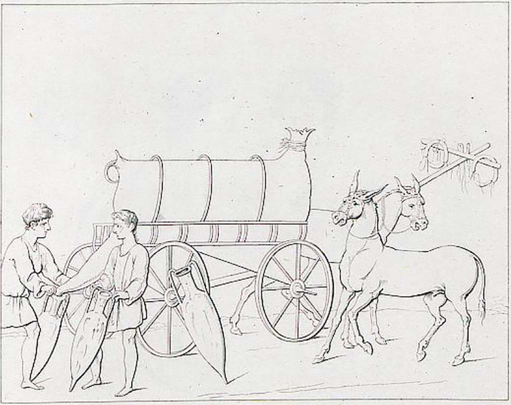 VI.10.1 Pompeii. 1827. North wall of rear room, drawing of fresco of cart delivering wine, with the mules resting un-harnessed.  
According to RMB there were two separate paintings of a wine cart. 
See Real Museo Borbonico IV (1827), Notizie degli Scavi p. 2, Tav. A.
A second painting of the same subject was also found on the east wall of front room on the south side of the doorway to rear room.  
See Bragantini, de Vos, Badoni, 1983. Pitture e Pavimenti di Pompei, Parte 2. Rome: ICCD. (p.228, ambiente ‘c’).