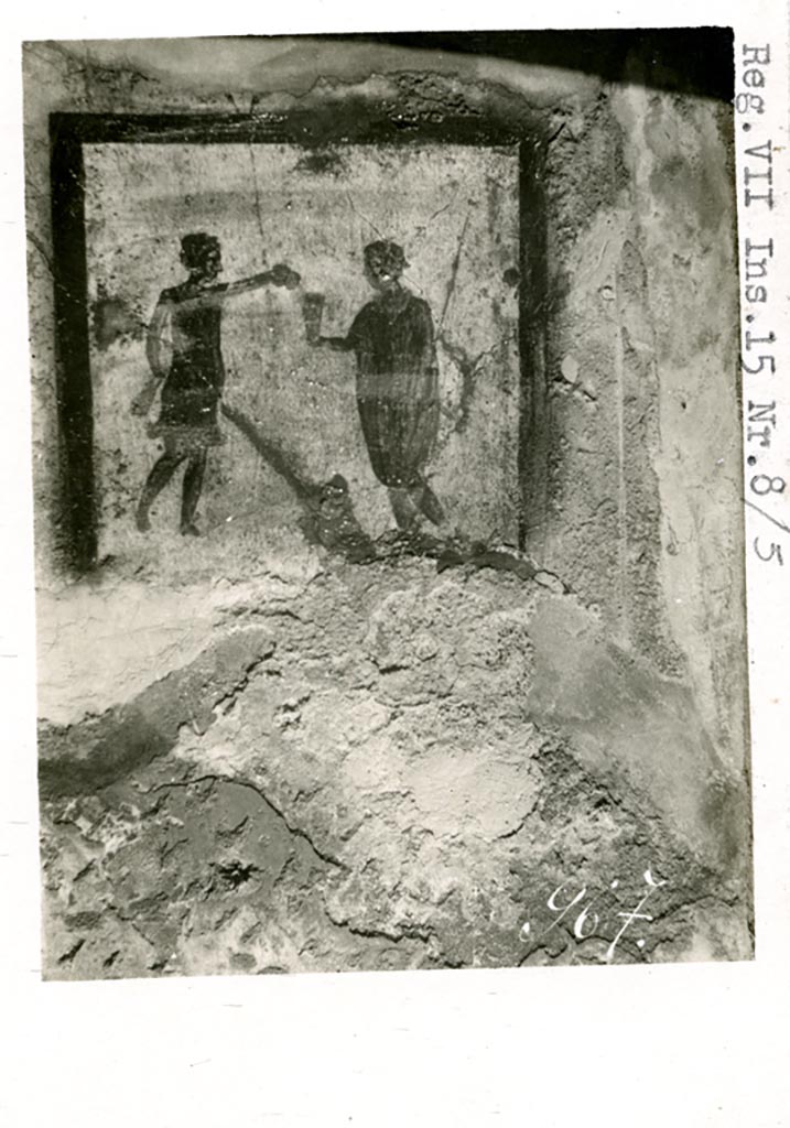 VI.10.1/19 Pompeii, but shown as VII.15.8/5 on photo. Pre-1937-39. Fresco on north wall of rear room.
Photo courtesy of American Academy in Rome, Photographic Archive. Warsher collection no. 967.
