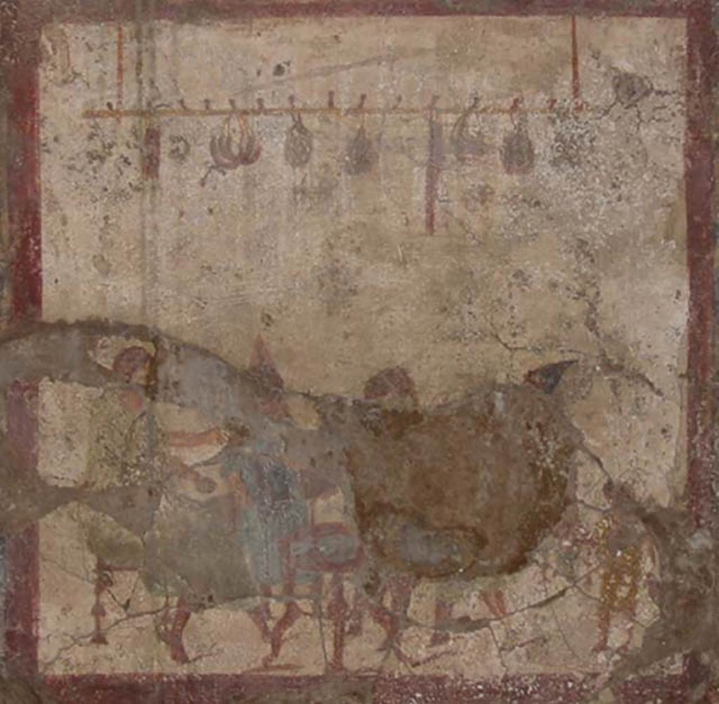 VI.10.1 Pompeii. May 2003. Fresco on south wall of rear room.  Detail of people at a table with sausages, onions and other food hanging above them. Photo courtesy of Nicolas Monteix.