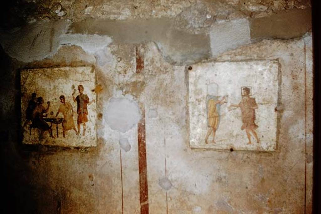 VI.10.1 Pompeii. 1959. Frescoes near east end of south wall, of rear room on north side of bar-room. Photo by Stanley A. Jashemski.
Source: The Wilhelmina and Stanley A. Jashemski archive in the University of Maryland Library, Special Collections (See collection page) and made available under the Creative Commons Attribution-Non Commercial License v.4. See Licence and use details.
J59f0531