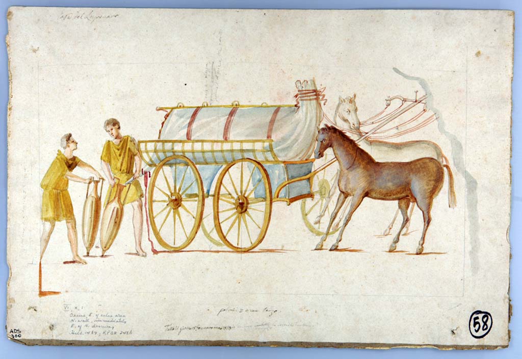 VI.10.1 Pompeii. Painting by Giuseppe Marsigli made 18th January 1828. 
The (later) note on this painting says 
  VI.X.1
  Oecus E of sales area
  N Wall immediately
  E of N doorway
  Helbig 1487 RPGR 248h
According to the ICCD scheda: L'acquerello raffigura la vignetta dipinta sulla pereta N dell'ambiente b della Caupona della Via di Mercurio a Pompei (VI 10, 1), rimasta in situ e non piů leggibile.
Now in Naples Archaeological Museum. Inventory number ADS 360.
Photo © ICCD. https://www.catalogo.beniculturali.it
Utilizzabili alle condizioni della licenza Attribuzione - Non commerciale - Condividi allo stesso modo 2.5 Italia (CC BY-NC-SA 2.5 IT)
