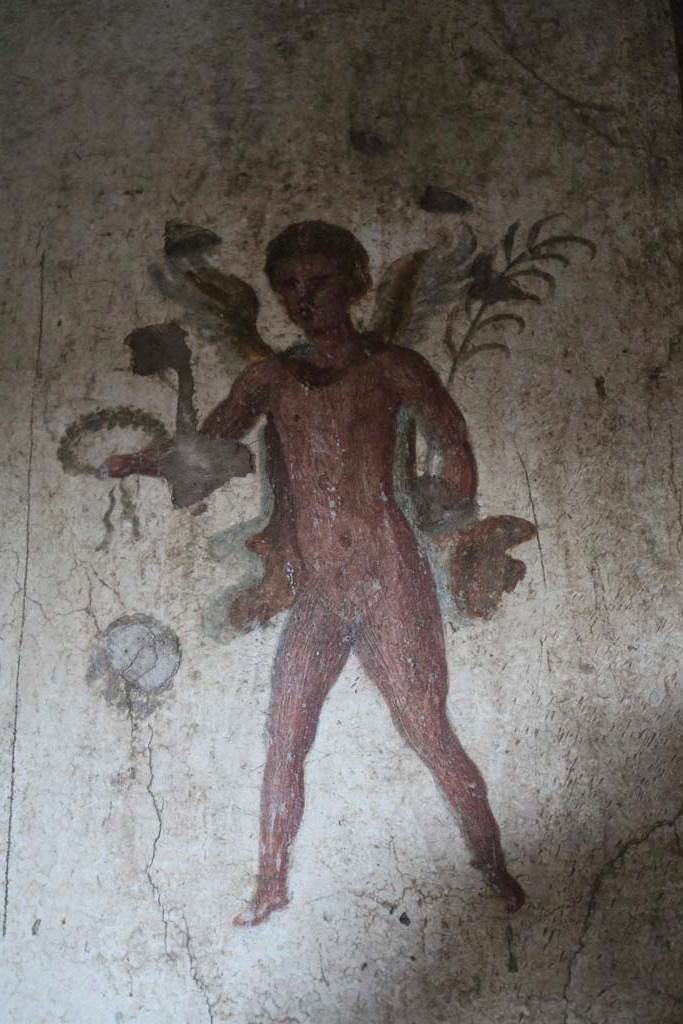 VI.10.1 Pompeii. December 2018. 
Detail of flying cupid from north wall in north-east corner. Photo courtesy of Aude Durand.