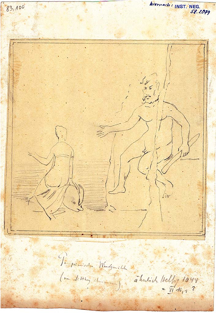 VI.10.1 Pompeii. Drawing of wall painting of Polyphemus watching Galatea on a dolphin on south wall of rear room. 
DAIR 83.100. Photo © Deutsches Archäologisches Institut, Abteilung Rom, Arkiv.