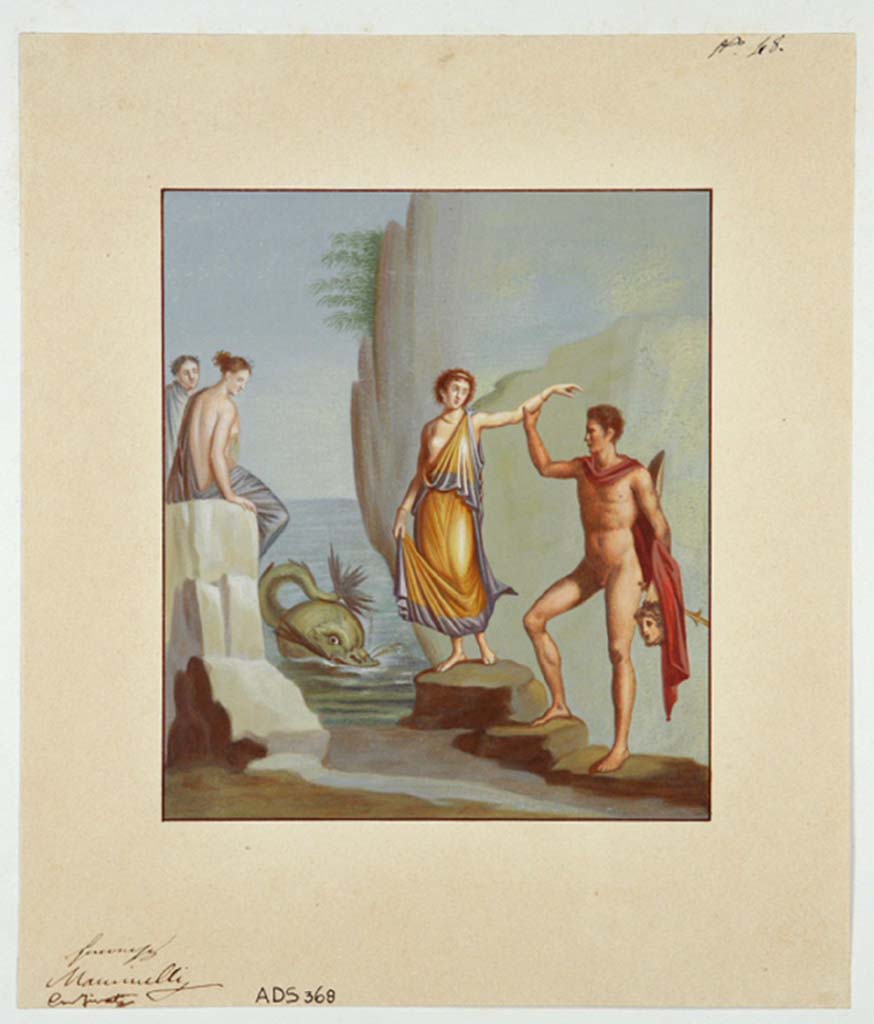 VI.10.2 Pompeii. Anonymous painting, but similar to engraving by Marsigli, of Perseus and Andromeda.
This appears to be the only documentation of this painting which was detached because as one can read in MB – 
“this picture was excavated very damaged by the events of time and the eruption”.
See Museo Borbonico IV, tav.50, which was signed by Marsigli.
Now in Naples Archaeological Museum. Inventory number ADS 368.
Photo © ICCD. http://www.catalogo.beniculturali.it
Utilizzabili alle condizioni della licenza Attribuzione - Non commerciale - Condividi allo stesso modo 2.5 Italia (CC BY-NC-SA 2.5 IT)
See Helbig, W., 1868. Wandgemälde der vom Vesuv verschütteten Städte Campaniens. Leipzig: Breitkopf und Härtel, (1187).