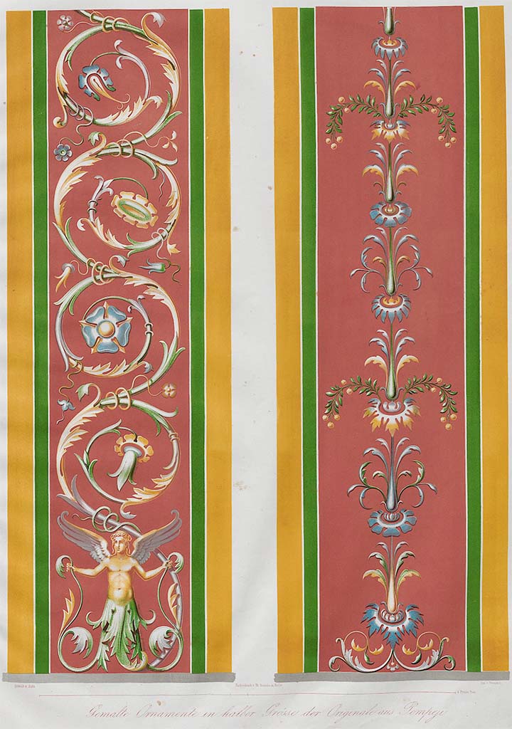 VI.10.2 Pompeii. Decoration, on right.
According to Zahn, these were paintings of two decorations in their original colours.
The decoration on the right was found on an exterior wall of a house in Via di Mercurio, see VI.10.2.
The other decoration, on the left, with the arabesque with the flying figure at its base was painted in a small room of a house of the street, situated between the Pantheon and the Casa dei Capitelli figurati. (presumably from Via degli Augustali either VII.4 or IX.7, but not located yet).
See Zahn, W., 1852-59. Die schönsten Ornamente und merkwürdigsten Gemälde aus Pompeji, Herkulanum und Stabiae: III. Berlin: Reimer, Taf. 37.