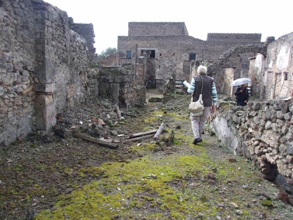 VI.10.4 Pompeii. March 2009. Looking west along north wall to front of house. The courtyard or garden area is on the front left of the photo.
According to Jashemski, the little courtyard was probably planted or decorated with potted plants. This would have been the area on which the window of the triclinium at the rear of the house opened.  See Jashemski, W. F., 1993. The Gardens of Pompeii, Volume II: Appendices. New York: Caratzas. (p.141)