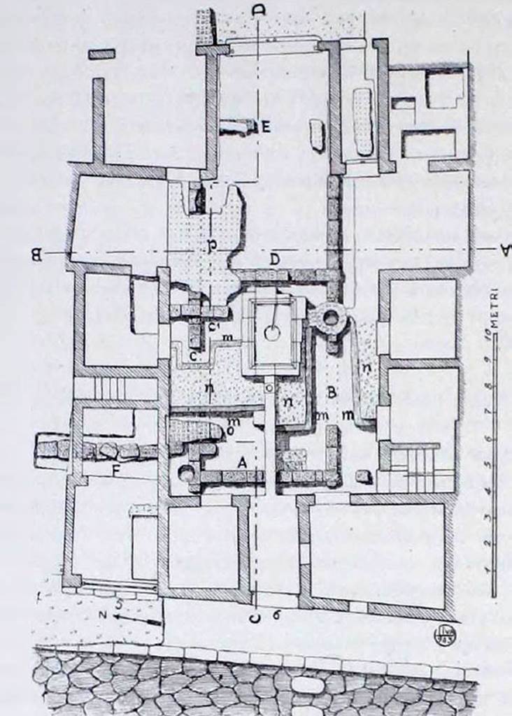 VI.10.6 Pompeii. 
Plan and foundations of the house as shown in report on excavations beneath the floor of the atrium.
See Maiuri in Notizie degli Scavi, 1944-45, (p.136, fig.3).
