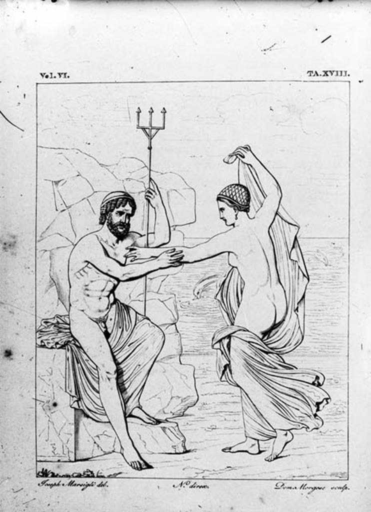 VI.10.7 Pompeii. Room 2, south wall. Drawing by Marsigli of painting of Amymone and Poseidon (Neptune).
See Reale Museo Borbonico, VI, 1830, taf. 18.
See Helbig, W., 1868. Wandgemälde der vom Vesuv verschütteten Städte Campaniens. Leipzig: Breitkopf und Härtel. (174)
See Roux, H., 1839. Herculanem et Pompei recueil général des Peintures, Bronzes, Mosaïques : Tome 2. Paris : Didot. (Pl. 62)