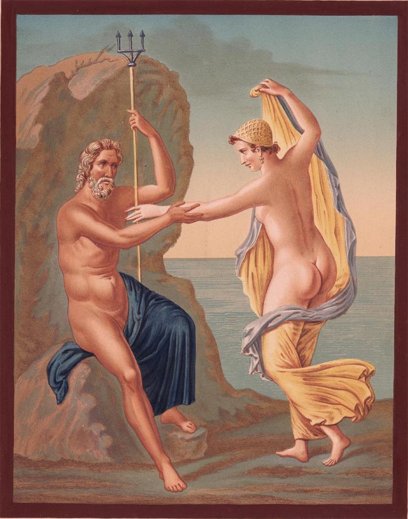 VI.10.7 Pompeii. Pre-1846. 
Reproduction painting by H. Roux of Amymone and Poseidon (Neptune) from south wall of room on south side of entrance doorway.
See Raoul-Rochette M., 1846. Choix de Peintures de Pompei. Paris : L’Imprimerie Royale, (Pl.2) and description (p.17-25, and p.58.)