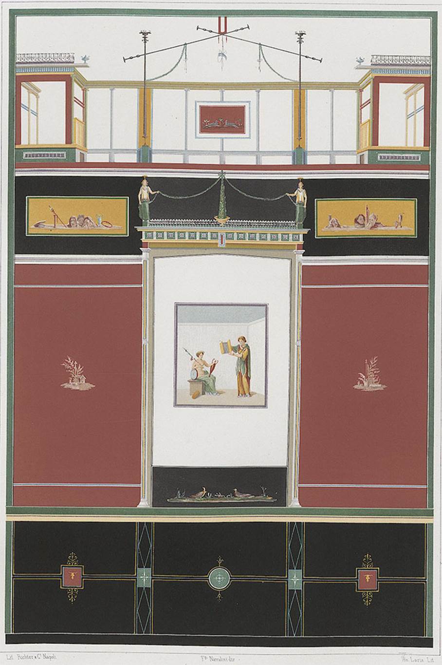 VI.10.7 Pompeii. 1862 painting. Room 3, the central panel has a painting of two female bacchantes. 
One sits on a stone seat, with a tympanon in one hand and a pointed amphora in the other.
One is standing and is holding a painting, which she is showing to the other.
See Helbig, W., 1868. Wandgemälde der vom Vesuv verschütteten Städte Campaniens. Leipzig: Breitkopf und Härtel. (495).
See Niccolini F, 1862. Le case ed i monumenti di Pompei: Volume Secondo. Napoli,