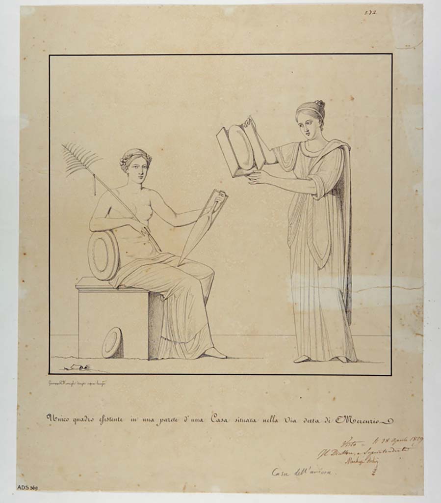 VI.10.7 Pompeii. Drawing by Giuseppe Marsigli, 1829, of central painting of two figures from wall of cubiculum, 
Now in Naples Archaeological Museum. Inventory number ADS 369.
Photo © ICCD. http://www.catalogo.beniculturali.it
Utilizzabili alle condizioni della licenza Attribuzione - Non commerciale - Condividi allo stesso modo 2.5 Italia (CC BY-NC-SA 2.5 IT)