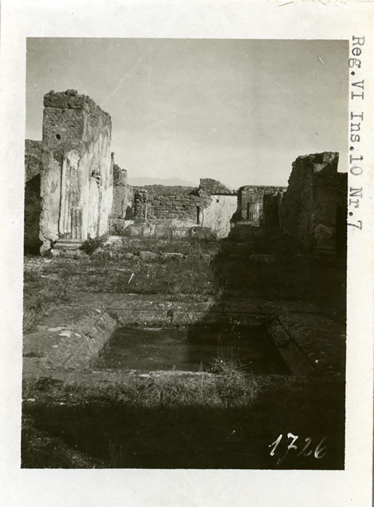 VI.10.7 Pompeii. Pre-1937-39. Room 1, looking east across impluvium in atrium. 
Photo courtesy of American Academy in Rome, Photographic Archive. Warsher collection no. 1726a.