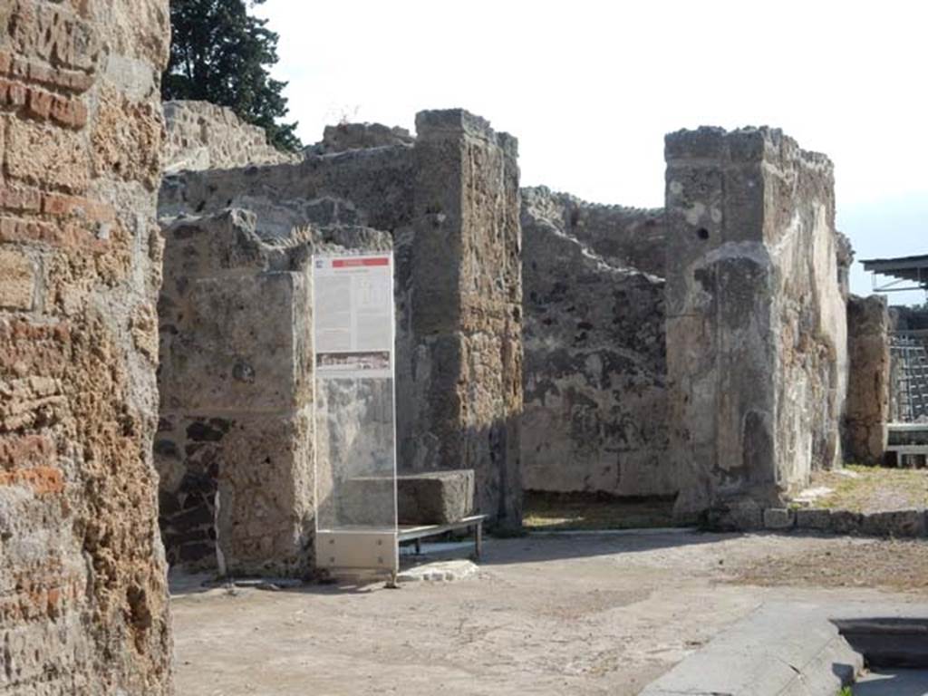 VI.10.7 Pompeii. May 2017. Room 1, looking towards north-east side of atrium from entrance. The large lava stone base for the strongbox has now been lifted, presumably to view the black and white mosaic floor remains below. Photo courtesy of Buzz Ferebee.