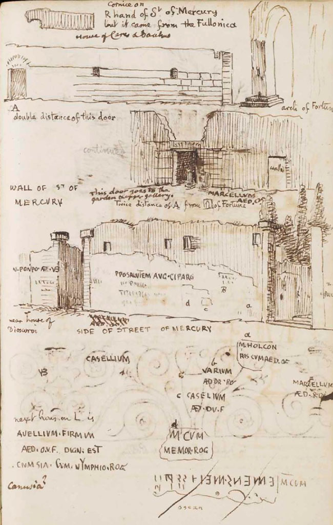VI.10.8 Pompeii. c.1830. Page from William Gell’s Sketchbook showing street and house fronts and inscriptions.
The top drawing shows from the Arch to the doorway at VI.10.9.
The middle drawing shows the doorway at VI.10.8.
The wall in the lower drawing shows VI.10.6 and VI.10.7.
See Gell, W. Sketchbook of Pompeii, c.1830. 
See book from Van Der Poel Campanian Collection on Getty website http://hdl.handle.net/10020/2002m16b425