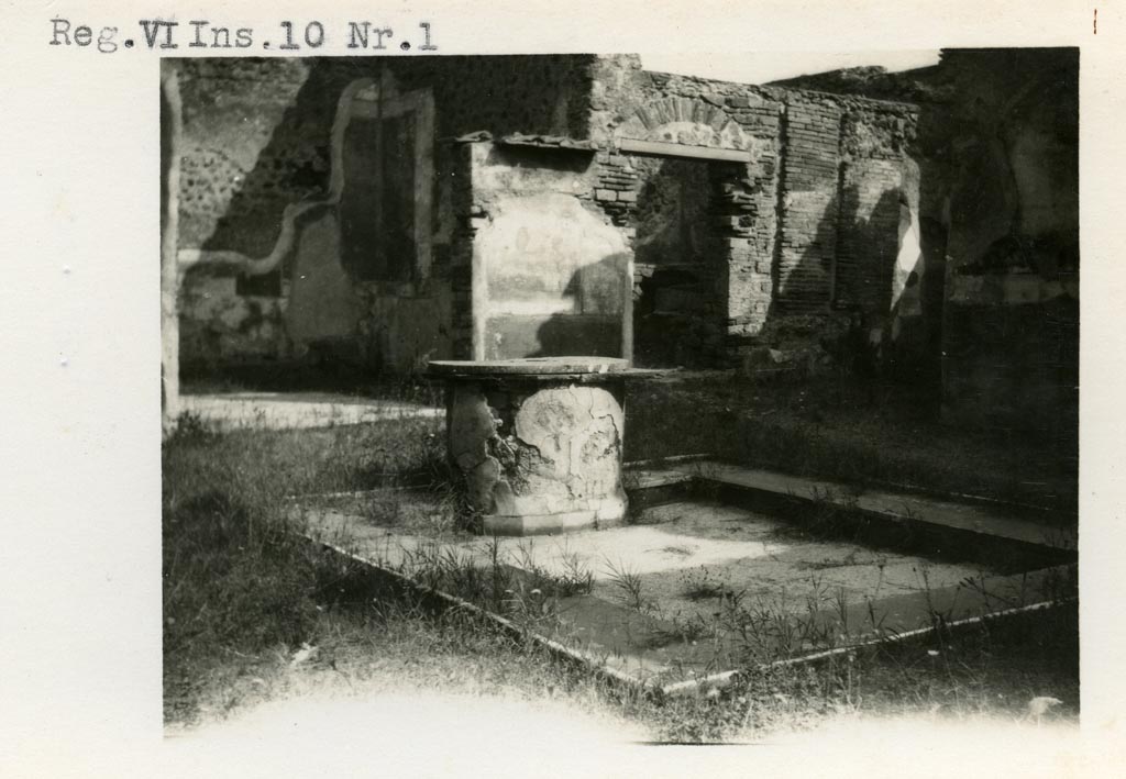 VI.10.11 Pompeii but listed as VI.10.1 on the photo. Pre-1937-39. 
Looking north-east across atrium towards pilaster between rooms 8 and 7.
On the left is room 8, the tablinum, still showing some painted decoration.
Photo courtesy of American Academy in Rome, Photographic Archive. Warsher collection no. 1833a.