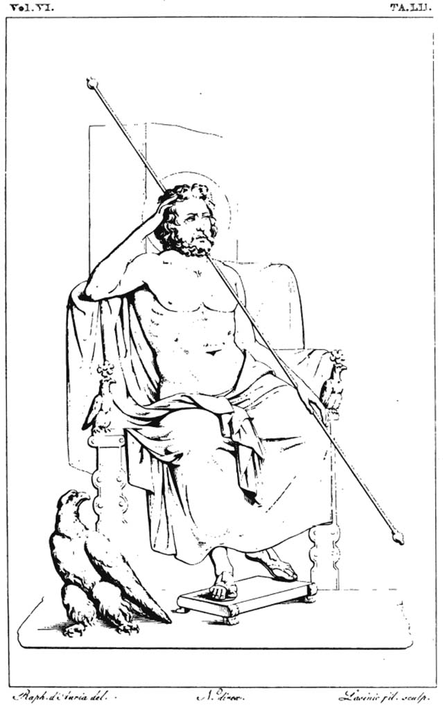 VI.10.11 Pompeii. Pre-1830 drawing by Raffaele D’Auria of painting of Giove/Zeus on his throne from north side of atrium.
See Real Museo Borbonico, Vol. VI, 1830, Tav. LII, (52).
