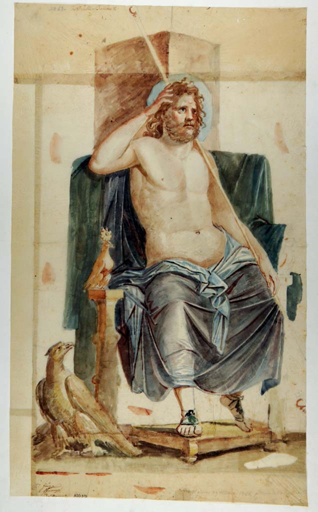 VI.10.11 Pompeii. Painting by Giuseppe Marsigli, 29th October 1828 of a panel from the north wall of the atrium showing Giove/Zeus on his throne.
Now in Naples Archaeological Museum. Inventory number ADS 370.
Photo © ICCD. http://www.catalogo.beniculturali.it
Utilizzabili alle condizioni della licenza Attribuzione - Non commerciale - Condividi allo stesso modo 2.5 Italia (CC BY-NC-SA 2.5 IT)
This panel was not detached from the wall and is now lost.
See Helbig, W., 1868. Wandgemälde der vom Vesuv verschütteten Städte Campaniens. Leipzig: Breitkopf und Härtel, (101).