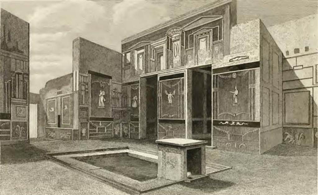 VI.10.11 Pompeii. Room 3, looking towards south-west corner of atrium.
See Gell, W, 1832. Pompeiana: Vol 1. London: Jennings and Chaplin. p. 180, plate 62.
The paintings in the panels on the walls do not seem to be completely accurate, it may have been painted from memory to give an impression of the atrium. Gell’s description reads…
  “The walls when first discovered, were covered with brilliant colours, and much more might have been traced with regard to the details of the ornaments than is here represented, but the fact is, that by a variety of petty intrigues, strangers are prevented from drawing these objects, till they are either defaced or irrecoverably destroyed, and it is only by the despatch supplied by the camera lucida, that any memorial of them can be obtained. These walls of the atrium being higher than the rest are already in a tottering state, and possibly this plate may soon be the only record of their existence”. Photo courtesy of Rick Bauer.
